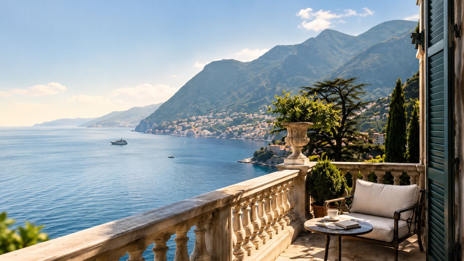 A terrace above the sea on a clear morning